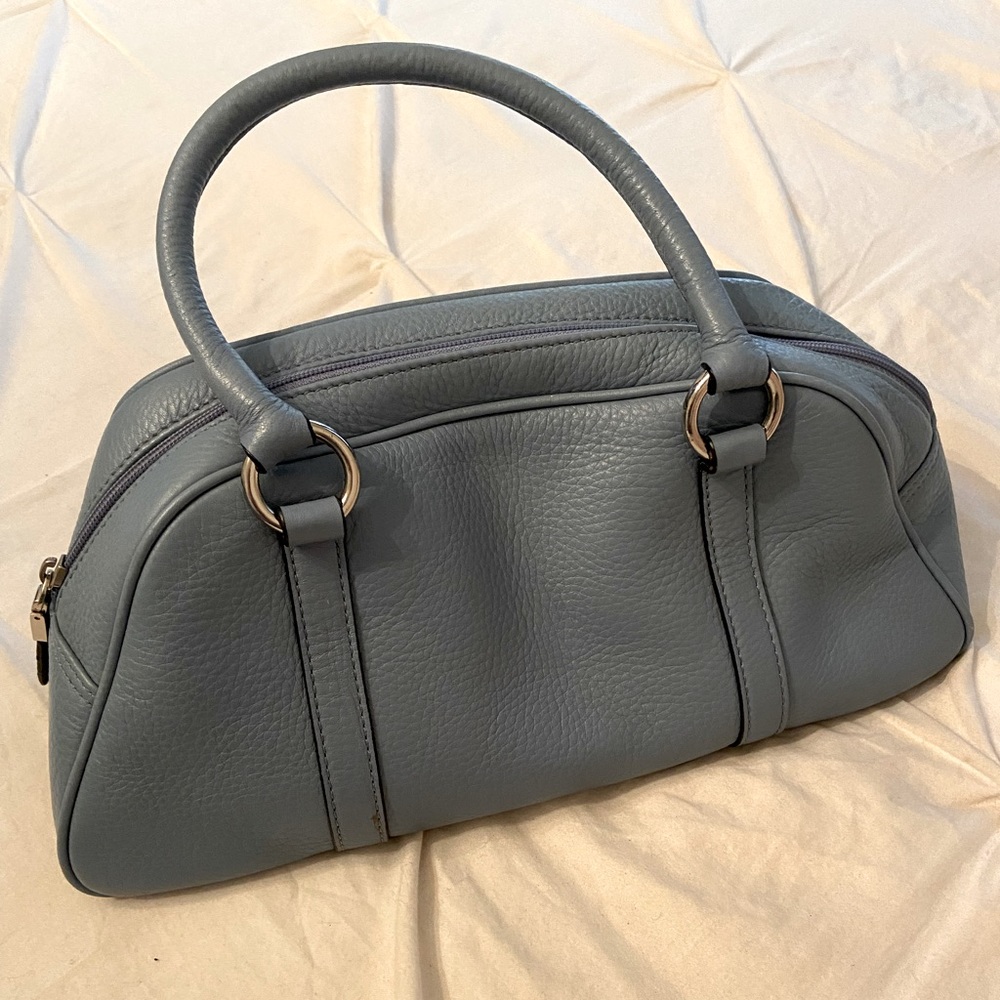 Leather Baby Blue Half Moon Zip Top Tote